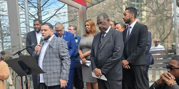 NYC Clergy officials speaking at outdoor community event